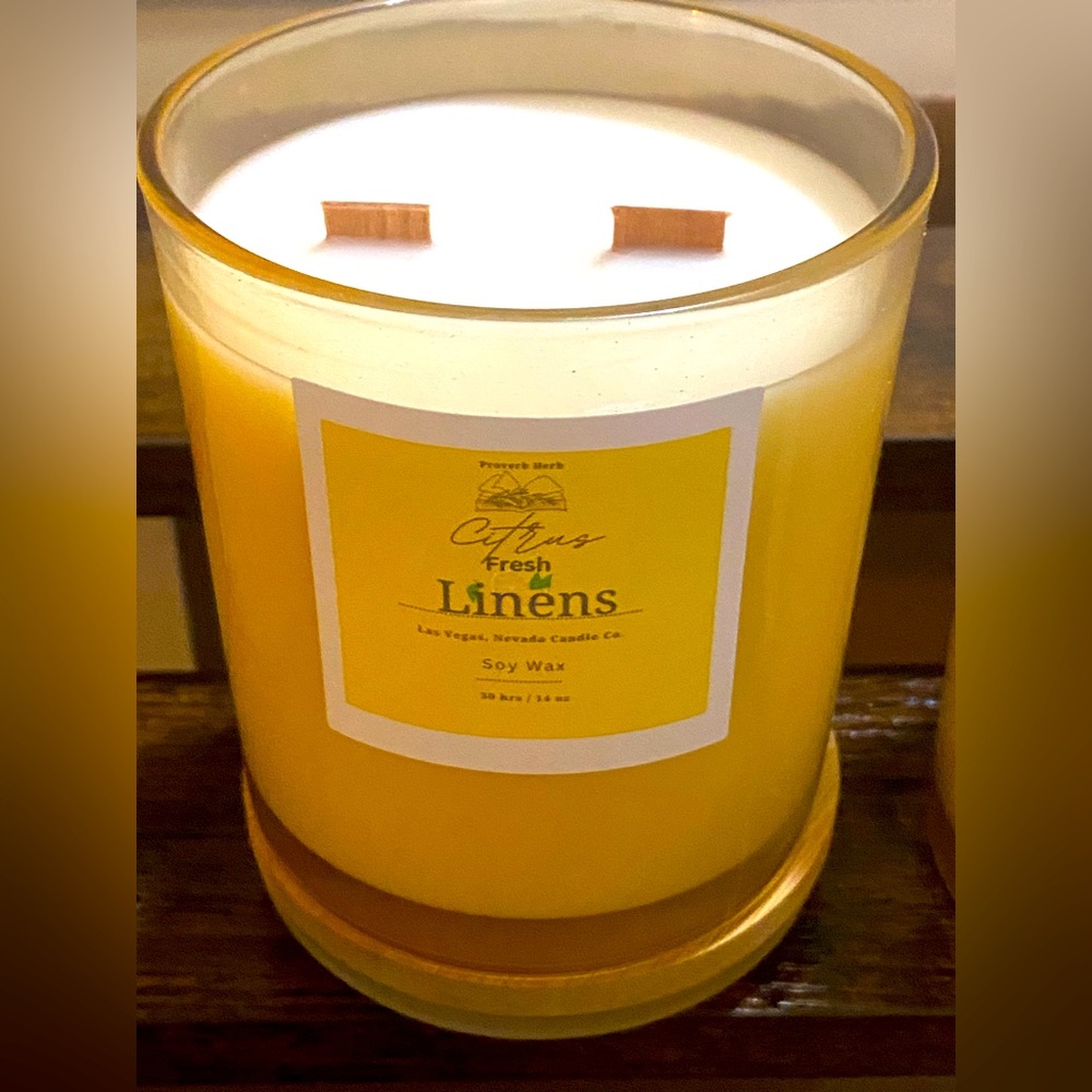 Handcrafted Citrus Fresh Linen scented Candle - Yellow glass jar 14 ounces
